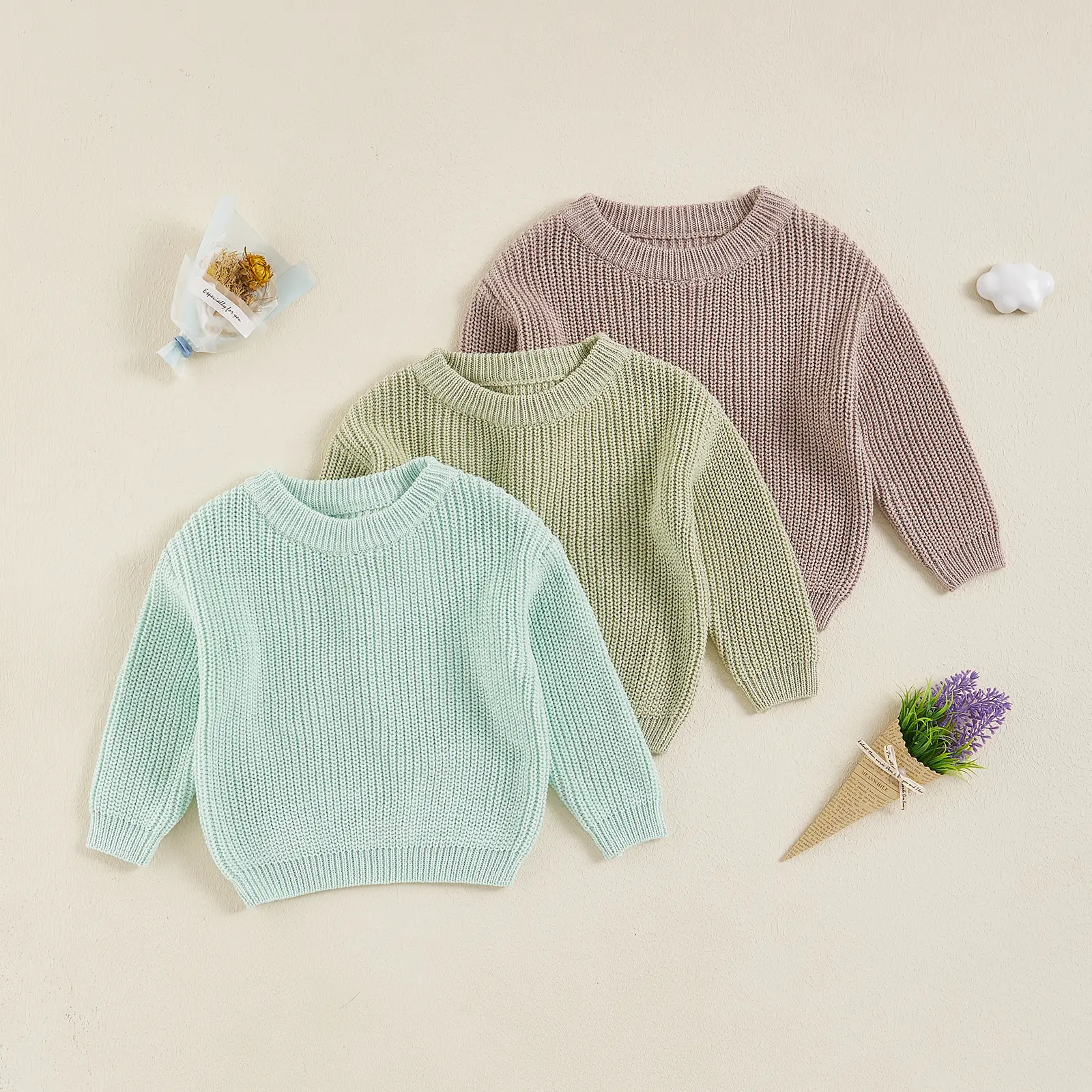 Baby Girls Boys Sweater Solid Color Long Sleeve Crew Neck Knit Pullover Warm Sweater Toddler Clothes Knitwear Baby Jumpers Tops Casual for Fall Winter