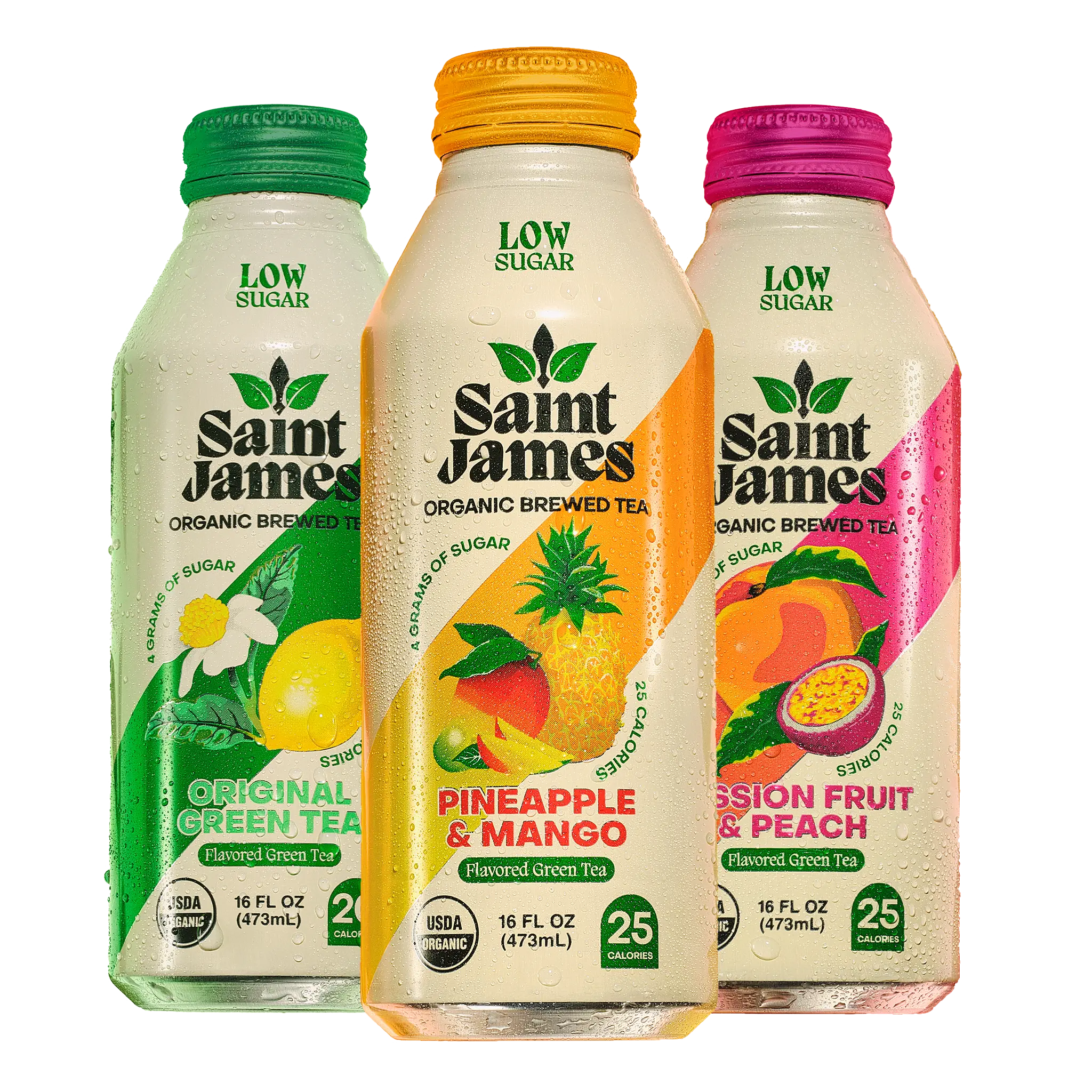 Saint James Iced Tea - Organic Green Tea Variety Pack - Non GMO, Gluten Free, Low Calorie & Sugar - 12 Pack (16 fl oz each) - Passion Fruit Peach, Pineapple Mango, and Original Green Flavors