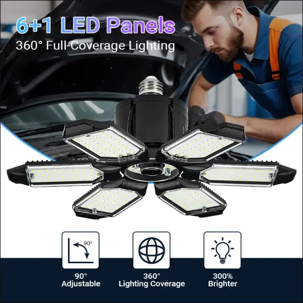 LED Garage Lights, Deformable Best Garage Light Ceiling LED Shop Lights, 150W E26/E27 LED Light Garage Lighting with 6 Adjustable Panels Garage Bulb for Basement, Attic 1/2/4 PACK Super Bright Led