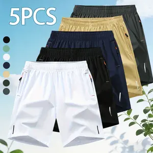 Pack of 5 men’s  shorts: solid-color drawstring pocket outdoor  shorts; men’s clothing; -waist pocket sports sweatpants for everyday wear. Features ,  fabric with a cool, refreshing feel—comfortable for running and
