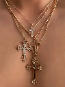 Vintage Fashion Multi-Element Metal Cross Pendant Necklace Set, Women's Layered Stackable Charm Jewelry, 4-Piece Elegant Design, Charm Necklaces