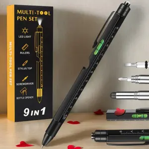 New Multifunctional Tool Pen Set, Portable 9-In-1 Ballpoint Pen with LED Light and Battery, Creative Men's Gift, Fun Learning Supplies