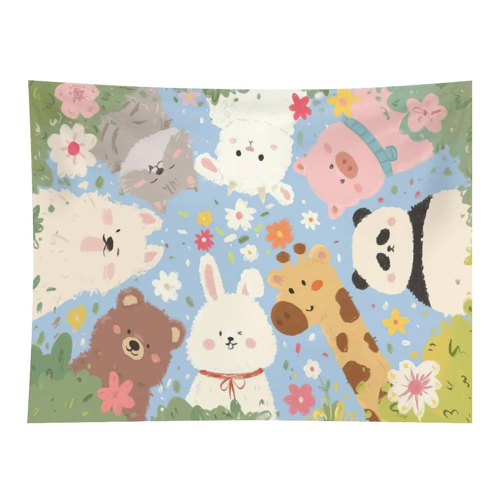 Cute Cartoon Forest Animal Panda Rabbit Giraffe Bear Floral Light Blue Kids Wall Tapestry Wall Hanging, Kawaii Wildflower Animal Nursery Decor for Children Bedroom Backdrop