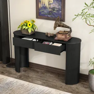 Fahuac Modern Fluted Entryway Console Table with Oval Top, 2 Drawers and Storage - Ideal for Living Room, Hallway, Aesthetic Room Decor