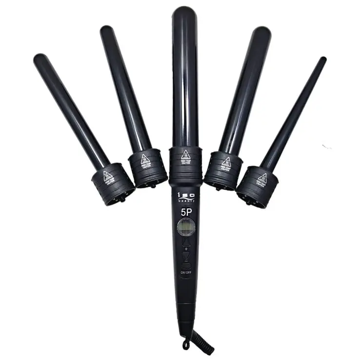 ISO Beauty ISO5PBK-227 5P 5-in-1 Lightweight Pro Interchangeable Ceramic Curling Wand Set - Black, Adjustable Control, Curly Hair, Curves Done Right, Hair Curl Styling, Straightening, Digital Control Curlers & Straighteners, Silky Straight Hair
