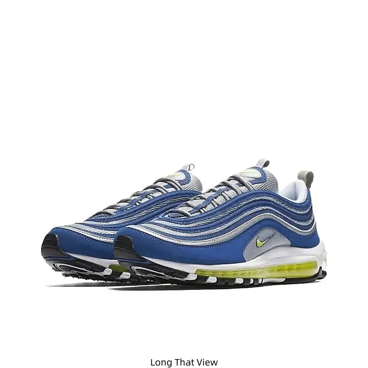 Low Top Full Air Cushion Running Sneakers Blue And Silver Gradient Layered Fabric Upper Fluorescent Yellow Nike Swoosh Logo White Midsole Visible Yellow Air Unit Black Rubber Anti-Slip Outsole Lace-Up Breathable Casual Sports Trainers for Men Women