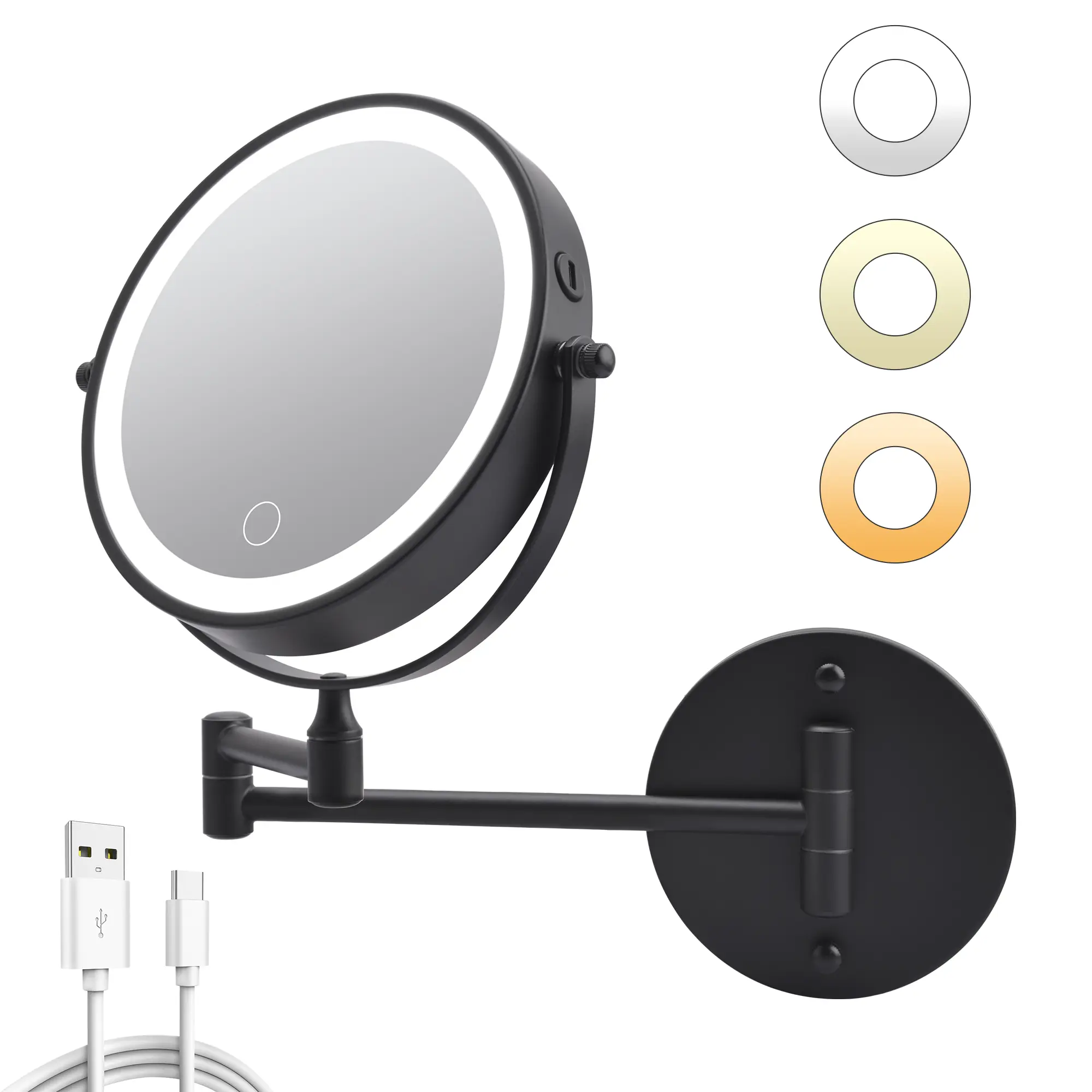 8-Inch Rechargeable Wall-Mounted Bathroom Vanity Mirror, Double-Sided 1X/10X Magnifying, 3-Color LED Lights, 360-Degree Rotation, Extendable Arm for Bathroom Use