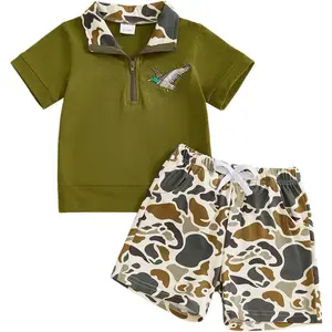 Baby Boy 2-Piece Summer Clothing Set - Camouflage Quarter-Zip Short-Sleeve Shirt, Lightweight Animal-Print Shorts, Animals-Themed Baby Boy Clothes