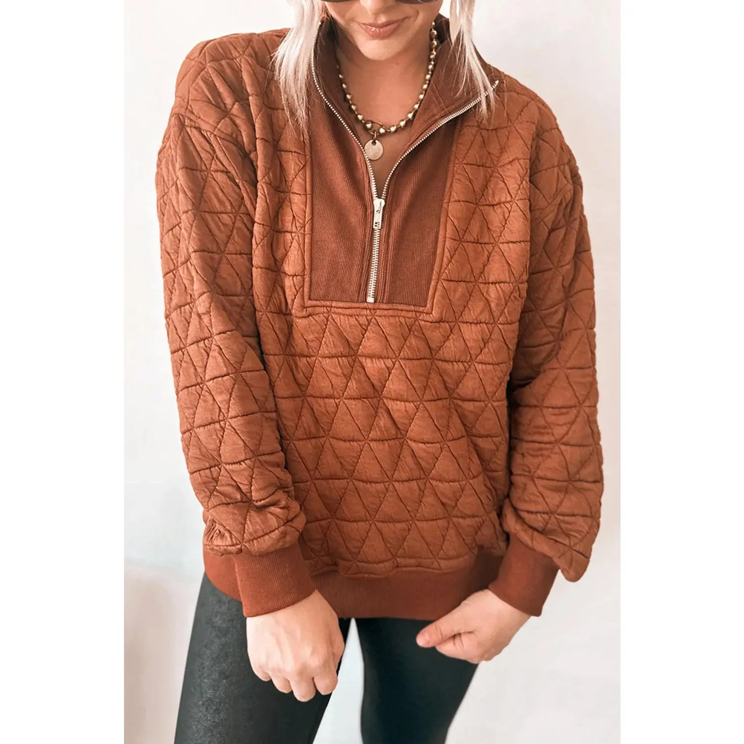 Straw Yellow Textured Zipper Neck Long Sleeve Pullover Sweatshirt