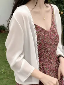 Women's Sun Protection Outdoor Shawl Cardigan, Thin Lightweight Breathable Long Sleeve Chiffon Overcoat, Sweet French Style Elegance, Perfect for Dresses, 1 PC