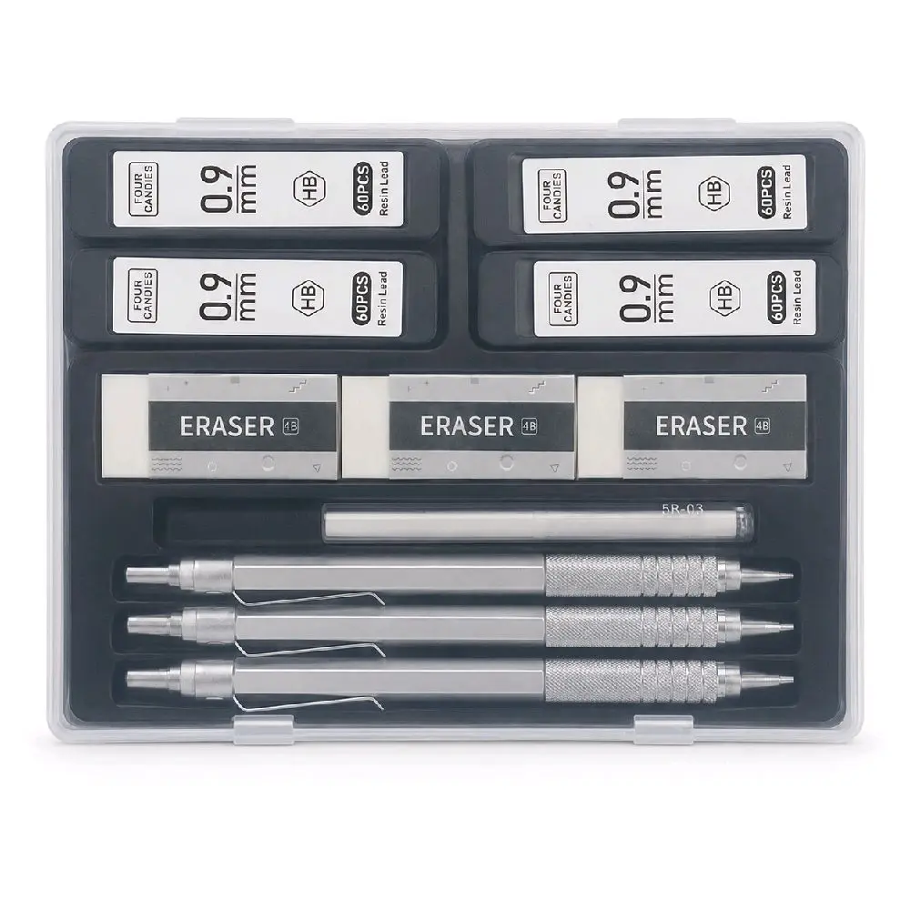 3-piece 0.9mm Mechanical Pencil Set with HB Lead Refills and Erasers