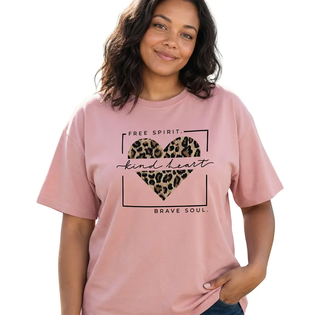 Leopard Heart Women Plus Size Graphic Tee Free Spirit Kind Heart Shirt