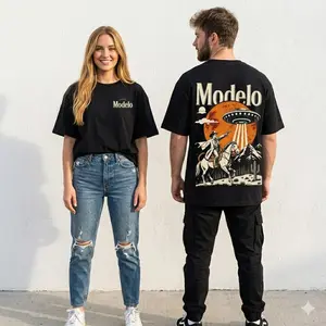 1 PCS Retro Washed Black Short Sleeve T-Shirt, Front Mini "Modelo" Print + Back UFO & Cowboy Desert Graphic, Sci-Fi Western Streetwear Style, 100% Cotton Unisex Oversized Tee, Casual Hangouts, Great Gift for Sci-Fi & Western Fans