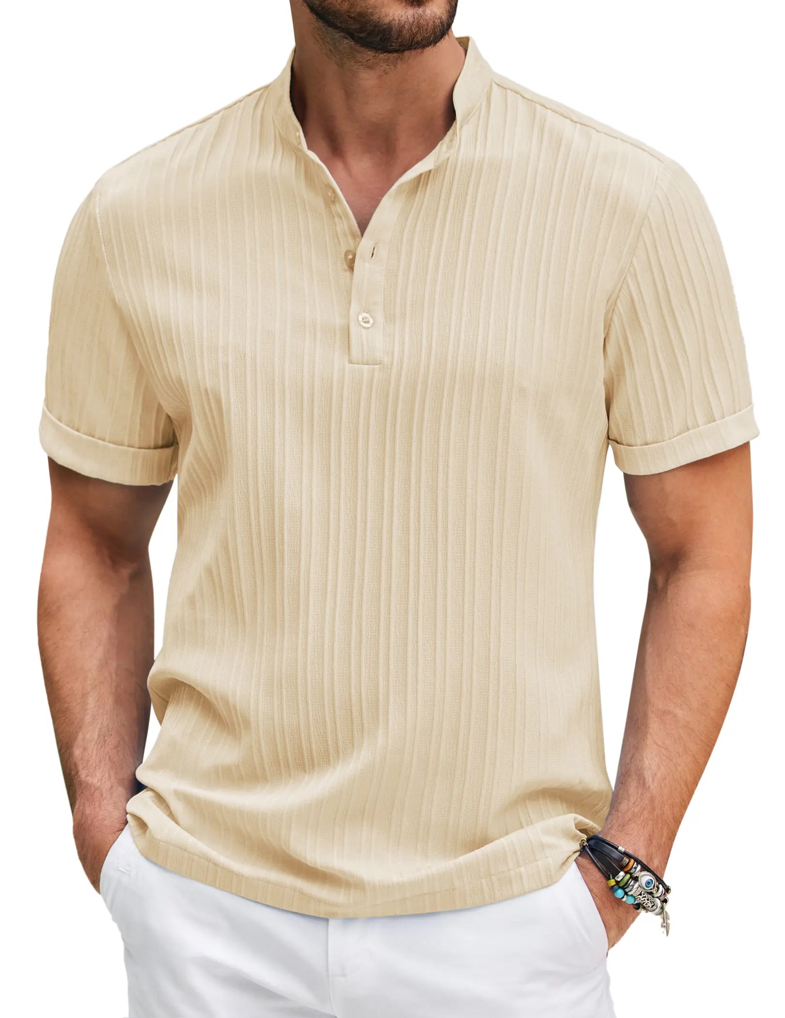 COOFANDY Men Casual Henley Tee Shirt Short Sleeve Band Collar Summer Beach Textured T-Shirt Menswear Breathable Fashion
