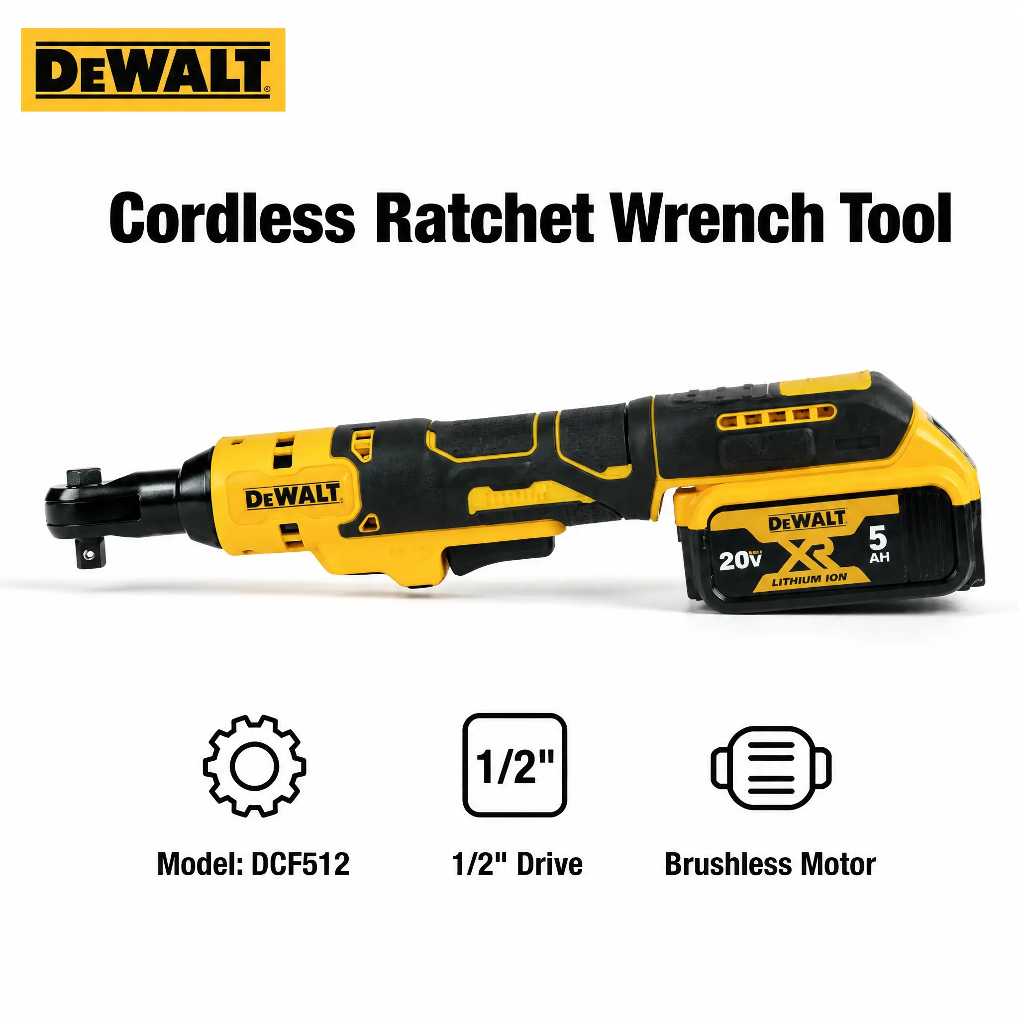 DeWalt DCF512 20V MAX Brushless 1/2 Inch Cordless Ratchet Wrench Tool for Automotive Mechanics Tight Space Repair Engine Bay Fastening Powered by 95 Nm Torque 250 RPM LED Work Light
