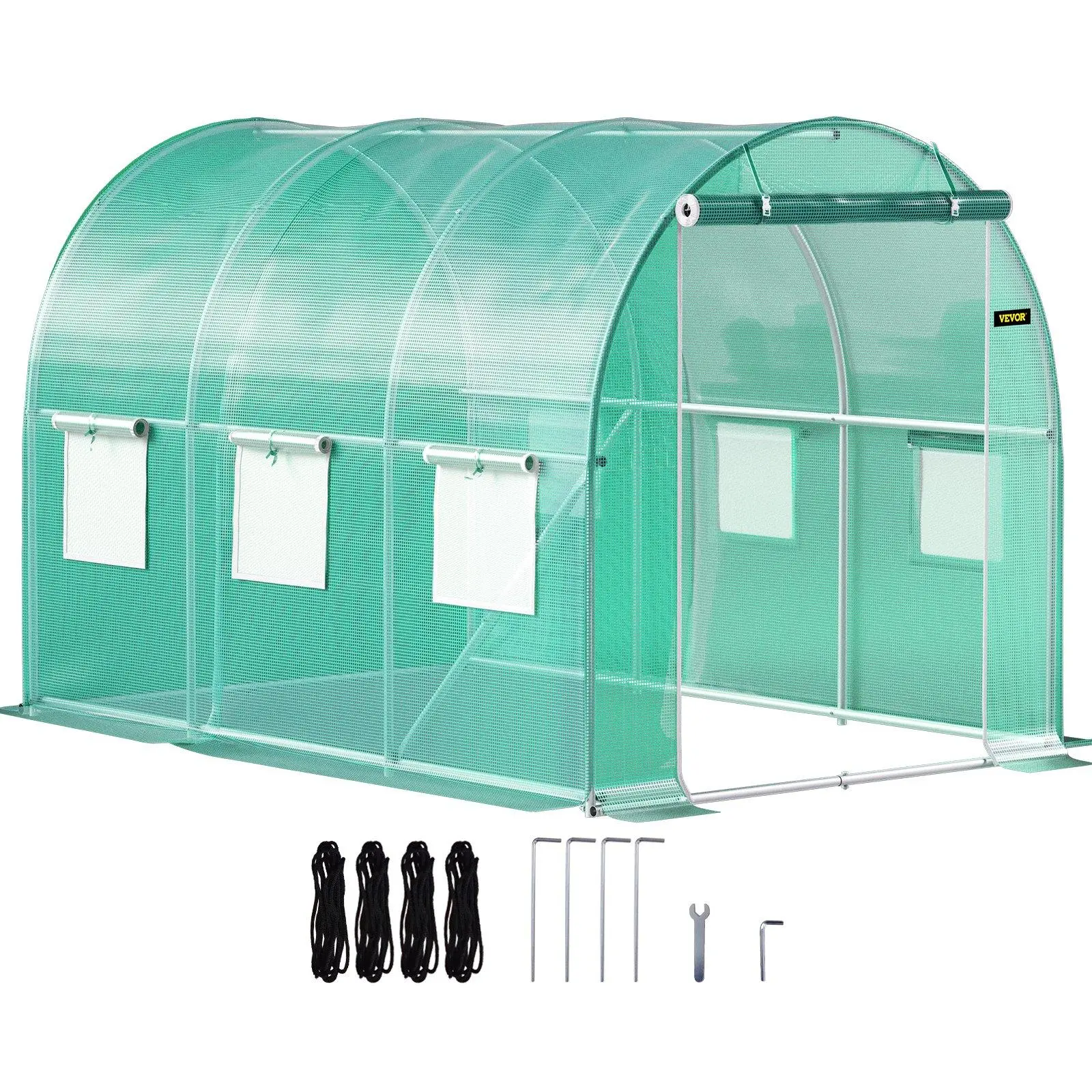 Green Portable Walk-in Tunnel Greenhouse Kit (9.8' length, 3x2x2m, 12.8kg) - Outdoor Metal Greenhouse, Galvanized Steel Hoops, 1 Top Beam, 2 Diagonal Poles, Zippered Door, 6 Roll-up Vents, All Tools Included, Bite-proof, Natural Light Access