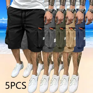 Pack of 5 men’s summer solid-color cargo shorts with elastic waistband and side pockets, made from quick-dry, breathable polyester fiber; suitable for outdoor hiking, sports, and casual wear; hiking apparel | Quick-dry fabric.fathersdaygift