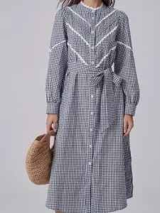 Kedera Womens Casual Mock Neck Gingham Dress Long Balloon Sleeves Button Down Tie Waist Smocked Midi Dresses