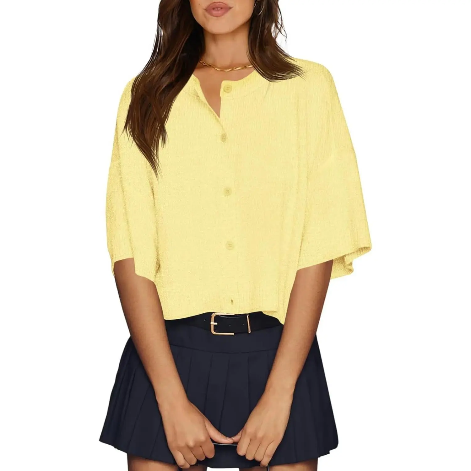 PASLTER Lady's Half-Sleeve Oversized High-Waisted Cropped Button-Down Cardigan, Essential Lightweight Ribbed Knit Fabric Summer Women's Knitwear Top, Style, Breathable
