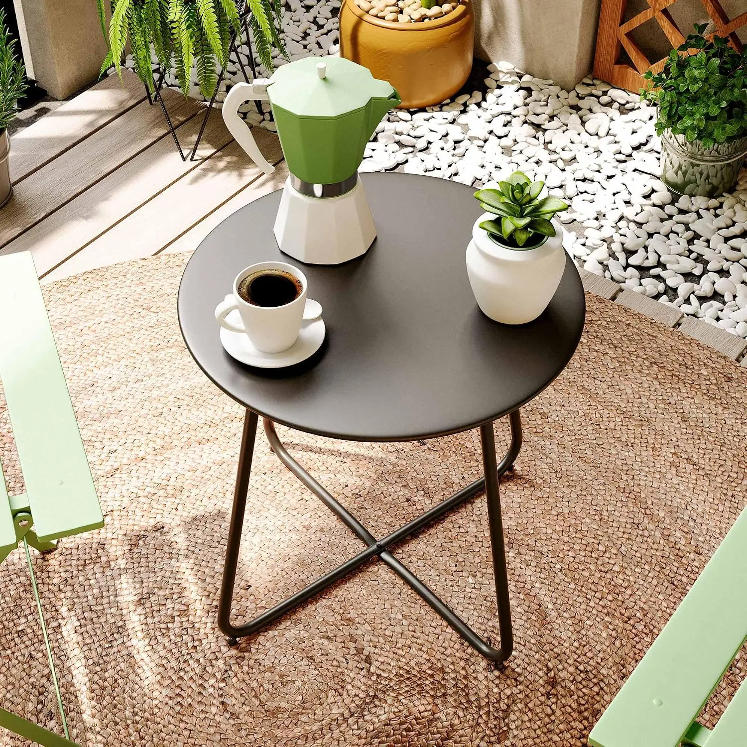 18" Outdoor Side Table, 1 Pack Small Round Patio Table with Adjustable Footpads, Powder Coated Steel Coffee Table for Patio, Balcony, Porch and Garden, Black