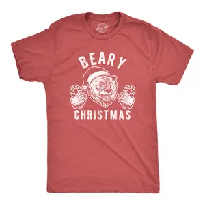 Mens Beary Christmas T Shirt Funny Holiday Party Bear Novelty Graphic Tee Mens Funny T Shirts Cool Vintage Fashion T-Shirt Gift Classic Menswear Christmas Apparel for Men Funny Animal Short Sleeve Novelty Tees Red