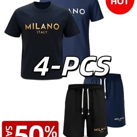 Milano Italy 2-Sets Men's Summer Set Black & Navy Short Sleeve T-Shirt & Shorts Casual Streetwear Outfit for Dates Getaways & Outdoor Activities - Summer Clothes Set, Clothes, Menswear