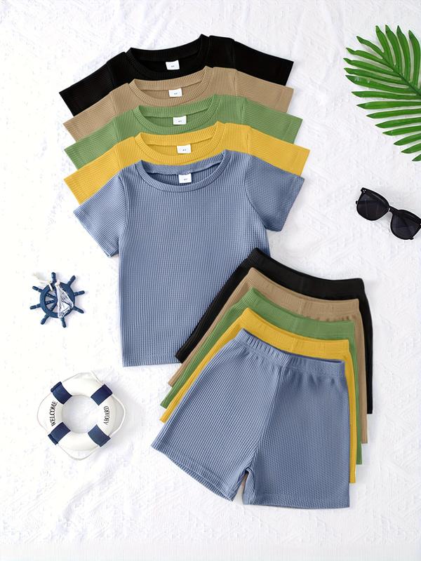 Boys' Casual Waffle Knit Short Sleeve Shorts Set, Soft Comfortable Plain Color, 10 Piece Set, Perfect for Daily Wear Boys' Casual Waffle Knit Short Sleeve Shorts Set, Soft Comfortable Plain Color, 10 Piece Set, Perfect for Daily Wear