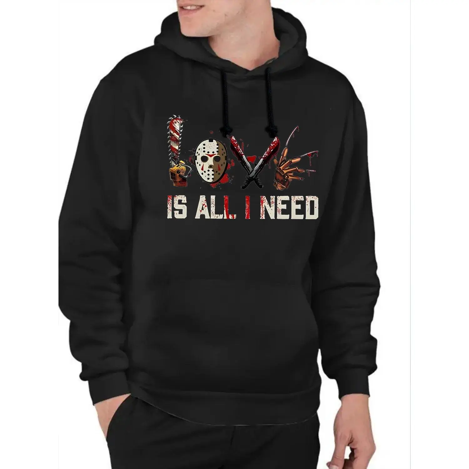 Men's Sports Hoodie "Love is All I Need Halloween Squad Shirt" Novelty Horror Movies Halloween Scary Graphic Long Sleeve Athletic Pullover Top