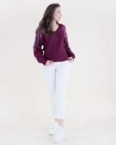 Sequin Shoulder Detail V-Neck Knit Sweater - Elegant Cashmere-feel Acrylic Blend Pullover with Sequin Embroidery for Holiday Gatherings, Long Sleeve, Regular Fit, Black & Maroon
