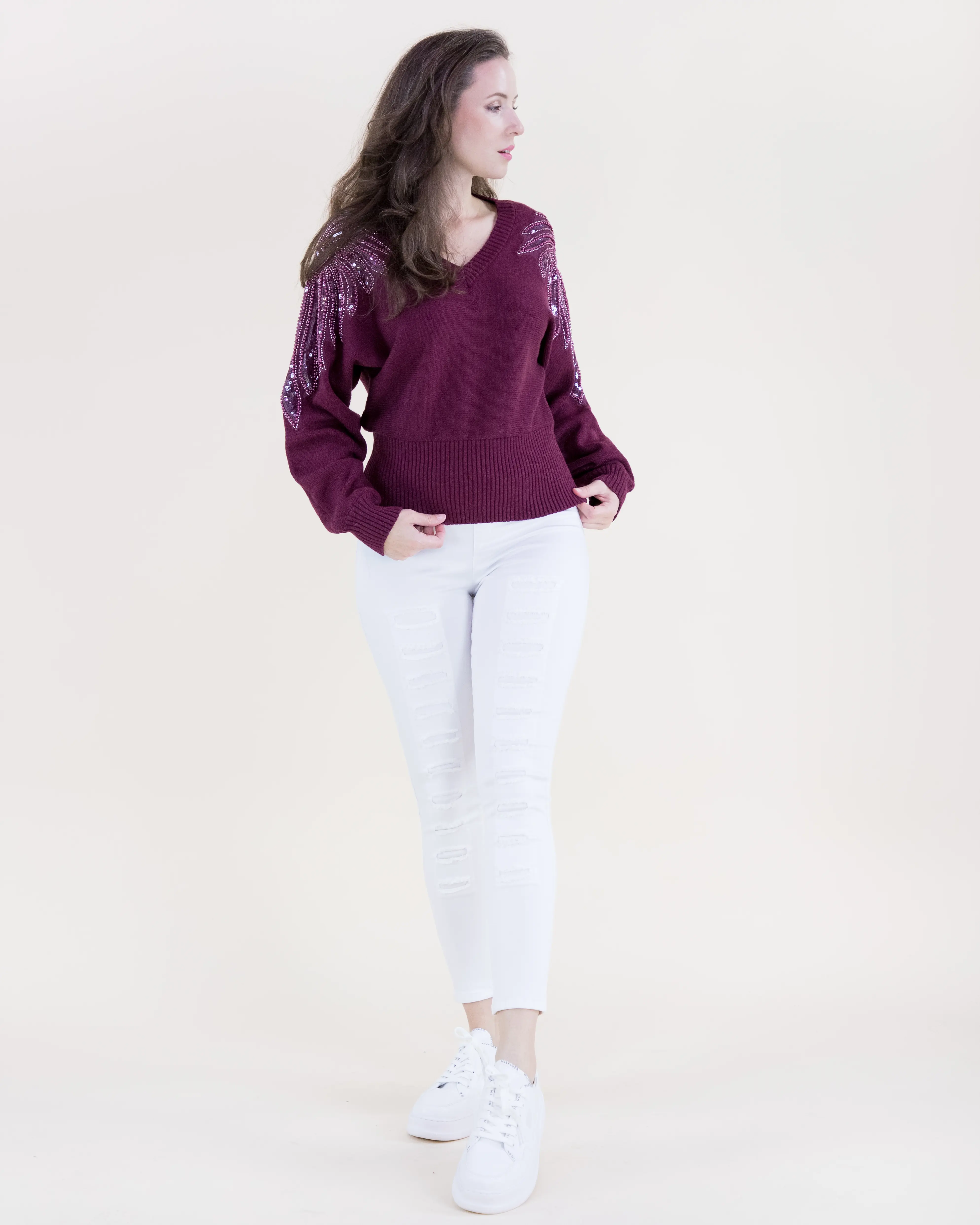 Sequin Shoulder Detail V-Neck Knit Sweater - Elegant Cashmere-feel Acrylic Blend Pullover with Sequin Embroidery for Holiday Gatherings, Long Sleeve, Regular Fit, Black & Maroon