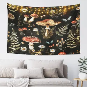 Dark Cottagecore Mushroom Tapestry - Light, Adorable Design Boho Aesthetic Artwork Print Wall Hanging, Botanical Fairycore Decor for Bedroom Home Decor, Artwork Print Tapestries, Adorable Design Tapestries