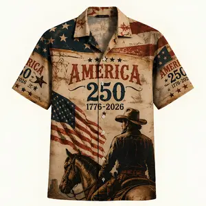 Cowboy America 250 Hawaiian Shirt, Patriotic Western Aloha Shirt, Vintage USA Flag Button Up, 1776 2026 Cowboy Shirt, Retro Western Shirt