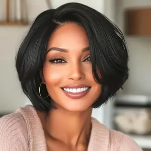 Women's Natural-Looking Short Bob Wig - Synthetic Fiber Hair with Natural Black & Layered Straight Texture, Comfortable Cap for Daily Wear, Parties, Cosplay, Sleek & Stylish Short Bob Hairstyle Wig , 8 Inch Length