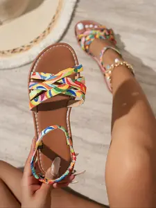 Women's Fashionable Rainbow Colorful Band Design, Casual Open Toe Slip on Multi Strap Sandals for Beach, Fashionable Shoes for Daily Wear, Summer