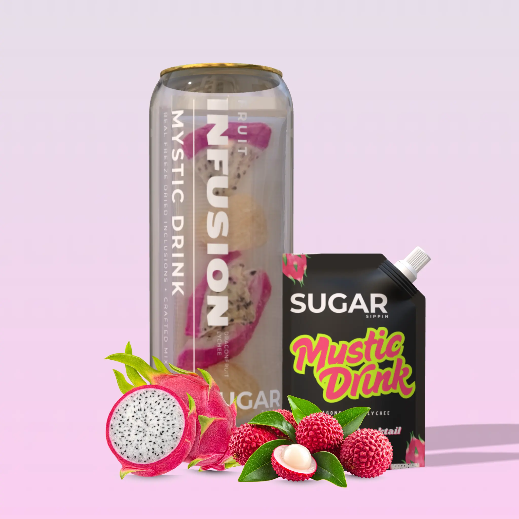 Mystic Drink – Drink Kit with Premium Lychee & Dragonfruit Fruit Syrup Mix + Freeze Dried Fruits + Reusable Can (330ml) for Cocktails or Mocktails.