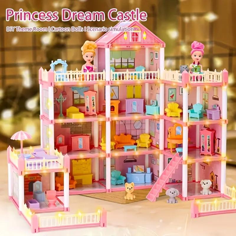 DIY Doll House with Light, 1 Set Creative DIY Doll House Toy, Fun Play Accessories for Family Entertainment