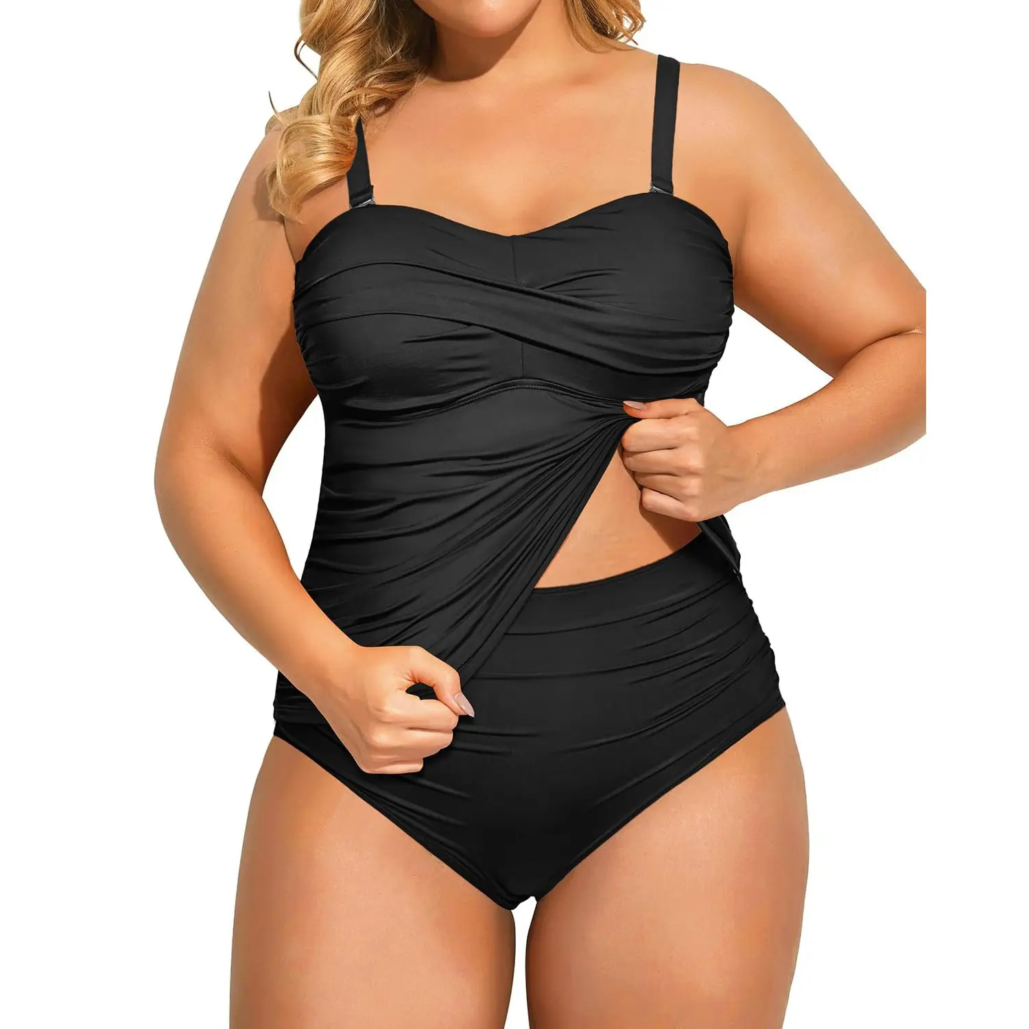 Aqua Eve Women Two Piece Plus Size Tankini Strapless Bathing Suits Bandeau Swimsuits with High Waisted Bottom