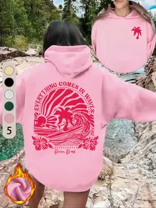 Women's Casual Holiday Tropical Print Hoodie, Long Sleeve Fitted Pullover with Pockets, Sweatshirts, Fall & Winter Fashion, Fruit Pattern Design