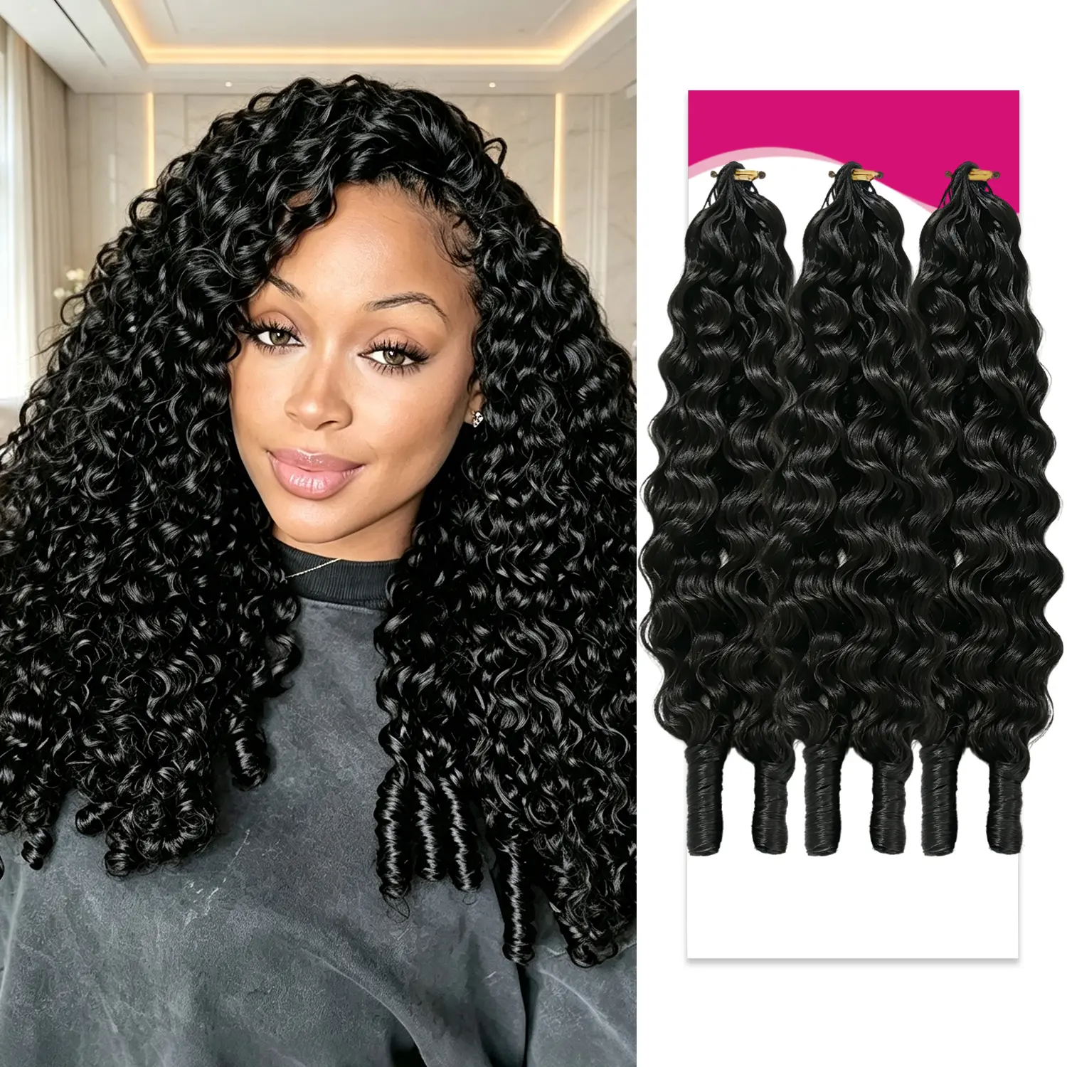 Vinisay Curly Feather Crochet Human Hair Extensions Miracle knots Pre-Separated 60g/Pack, 4-5 Packs for Full Head, Feather Deep Wave Human Crochet Hair Burmese Curly Hair Extensions With Spiral Curl for Women
