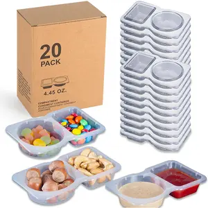 20 Pieces Reusable Dual Compartment Condiment andSnack Containers with Flip Top Lids - Clear plastic foodstorage jars for sauces, samples, travel snacks - Hand washonly, versatile kitchen organizer.