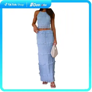 Women's Summer Set Shirt Strap Strap Collar Sleeveless Open Black Tank Top Drawstring Long Skirt 2-piece Outdoor Set