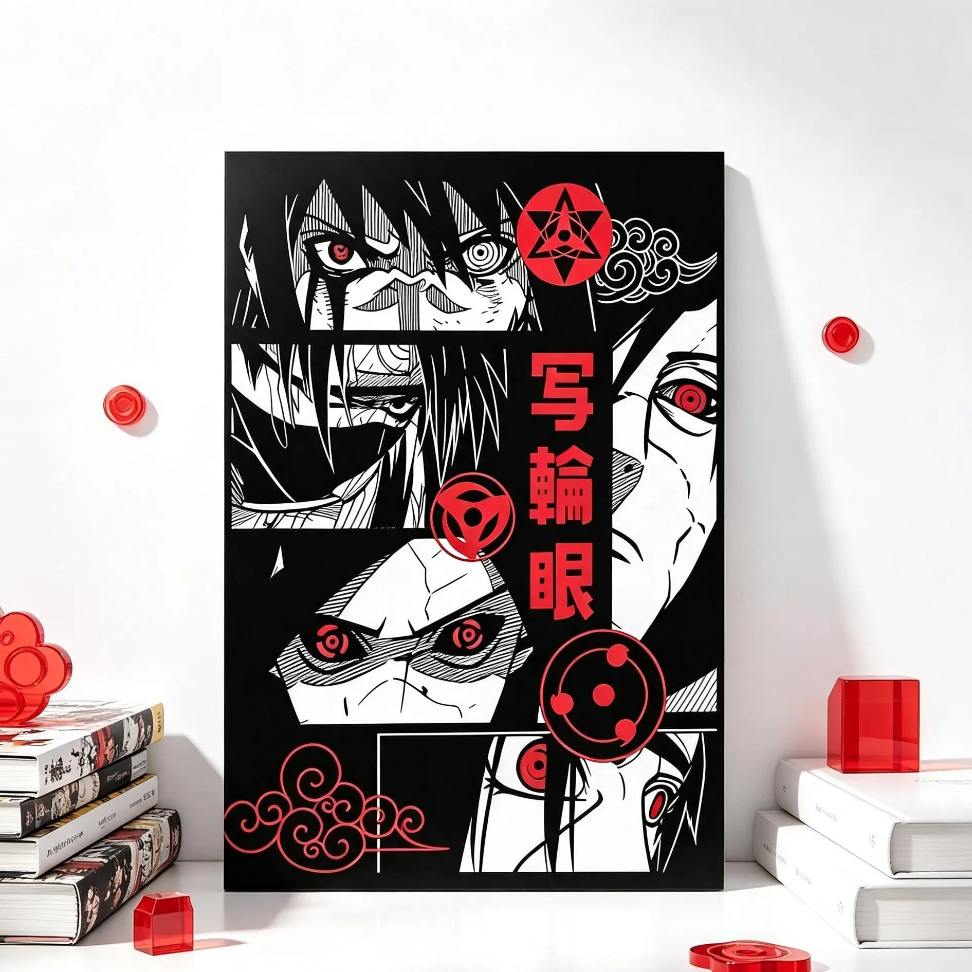 Sharingan Anime Eyes Uchiha Clan Naruto Manga Poster, Black-Red Collage Grid Wall Art Print, Otaku Bedroom Home Decor