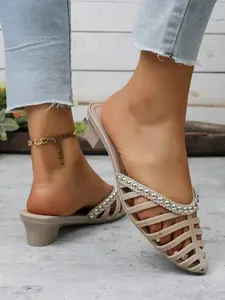 Women's Rhinestone Hollow Out Pointed Toe Mules, Soft Sole Slip-On Sandals, Summer Casual Flat Shoes, Multiple Colors Available, Peep Toe Mules