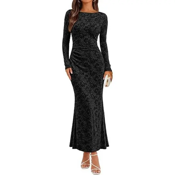 MEROKEETY Women's Fall Wedding Guest Bodycon Floral Maxi Dresses | Long Sleeve, Ruched, Formal, Elegant, Cocktail Party, Boat Neck, Lace Jacquard Knit, Mermaid Hem, Sheer Sleeves, Long Dress