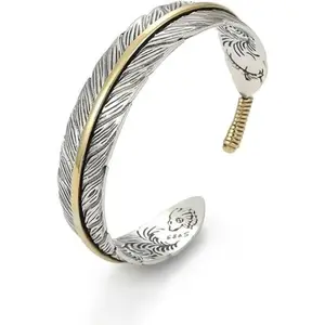 Vintage Feather Cuff Bracelet Lucky Hoop Feather Copper Bangle Simple Retro Adjustable Bracelet for Men and Women