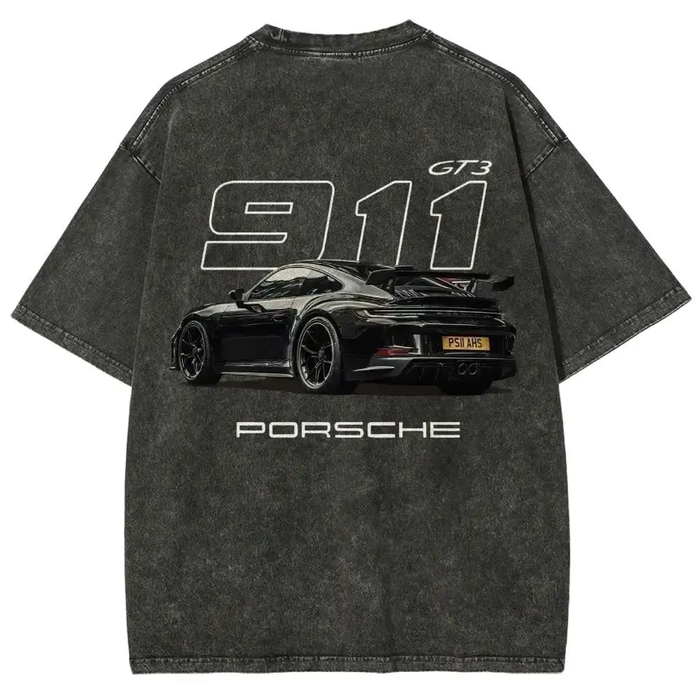 [BT] 911 GT3 Racing Tshirt Unisex Fit Washed Cotton T-Shirt Oversize Menswear Tops Streetwear Round Neck shirt, Heavyweight Vintage Washed Grey Porsche 911 GT3 Graphic T-Shirt,Retro German Supercar Track Day Streetwear Tee