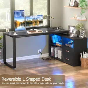 55'' Reversible L-Shaped Desk with LED Lights, L-Shaped Computer Desk with File Cabinet, Gaming Desk with Drawers & Storage Shelves, Home Office Workstation