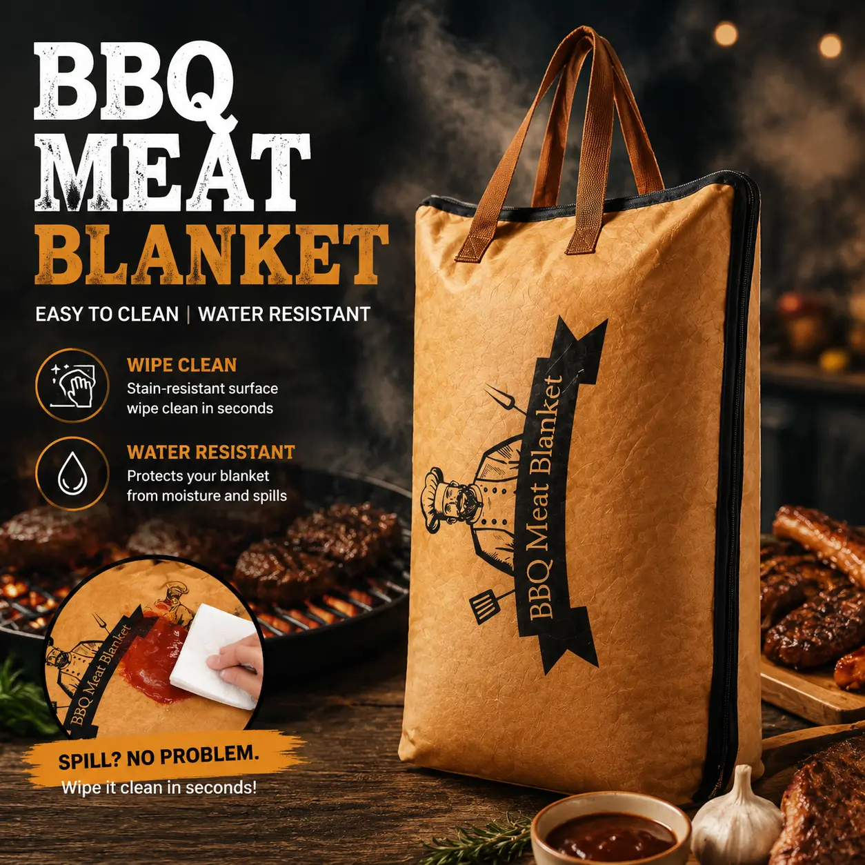 Sturdy 5-Layer Insulated BBQ Meat Resting Blanket, 21 in Heavy-Duty Brown Aluminium Bag with Handle, Lightweight Insulation for Briskets, Camping Essentials, Metal