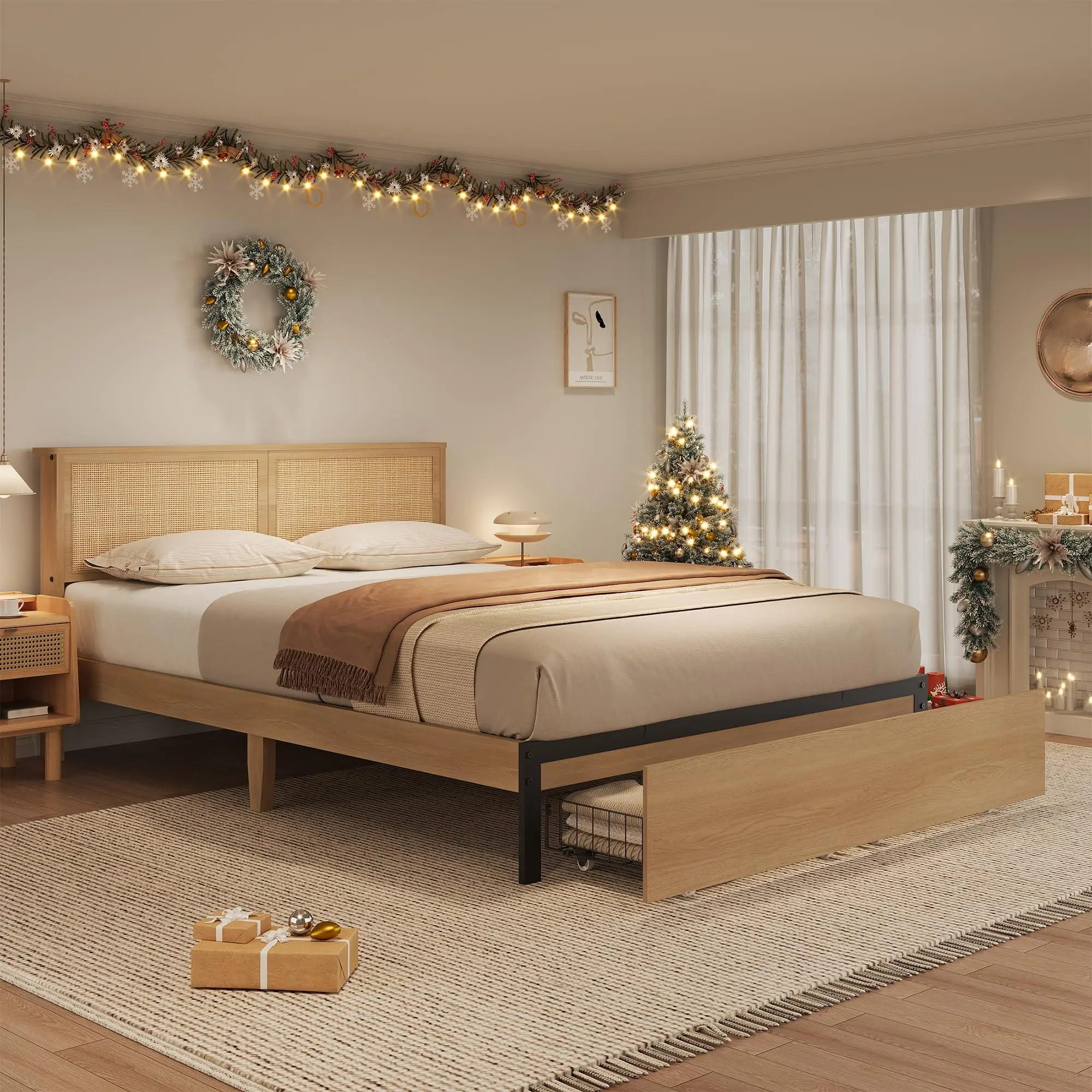 GARVEE Rattan Full Size Bed Frame with 2 Storage Drawers, Full Platform Bed Frame with Natural Rattan Headboard, Boho Bed Frame with Strong Wood Slats Support, Noise Free, No Box Spring Needed