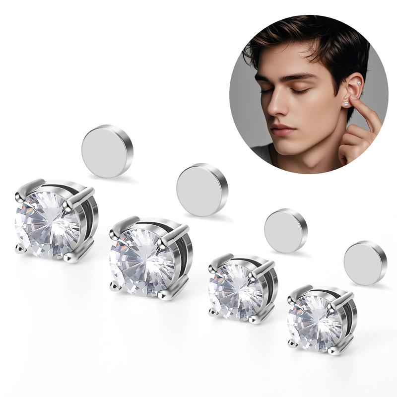 1/2/4 Pairs Magnetic Stud Earrings for Men & Women, Non Piercing CZ Diamond Earrings Stainless Steel Hypoallergenic Non Piercing Earrings 5MM/6MM/8MM